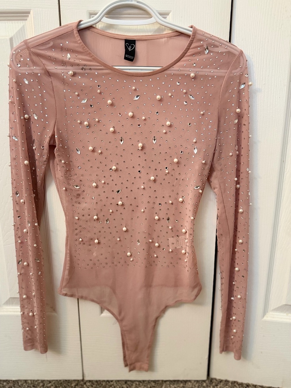 Noize Blush Mesh Pearl & Rhinestone Long-Sleeve Bodysuit